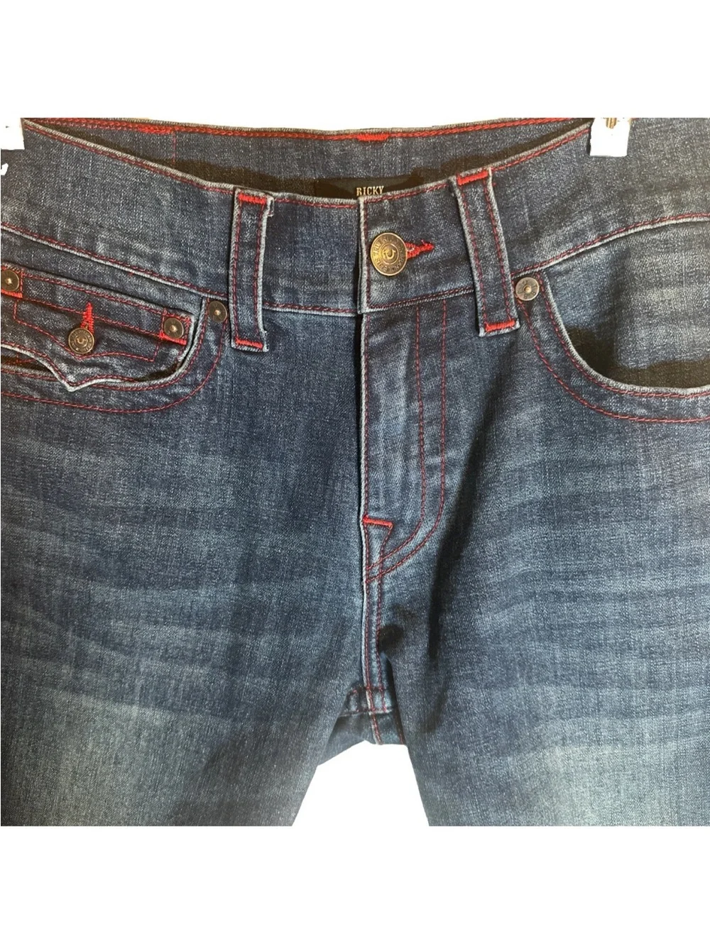 True Religion Men’s Indigo Denim Cutoff Shorts with Red Stitching